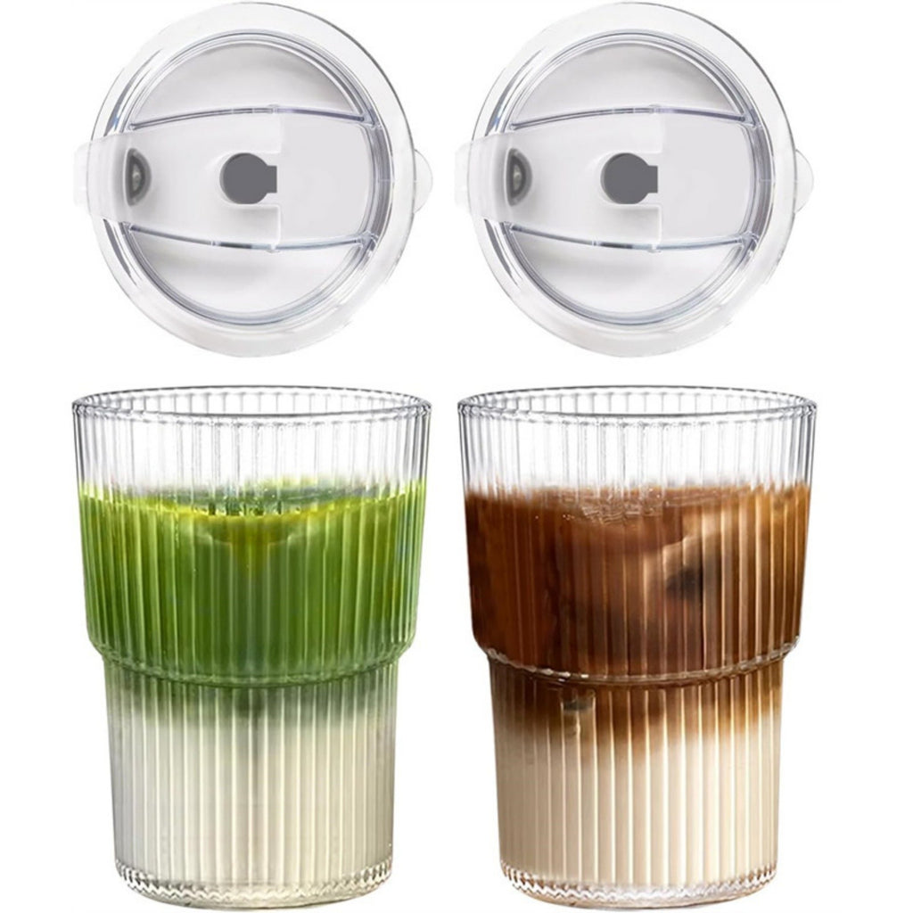 2pcs Iced Coffee Cups Glass Cups with Lids and Straws Coffee Fruit Juice 450ml