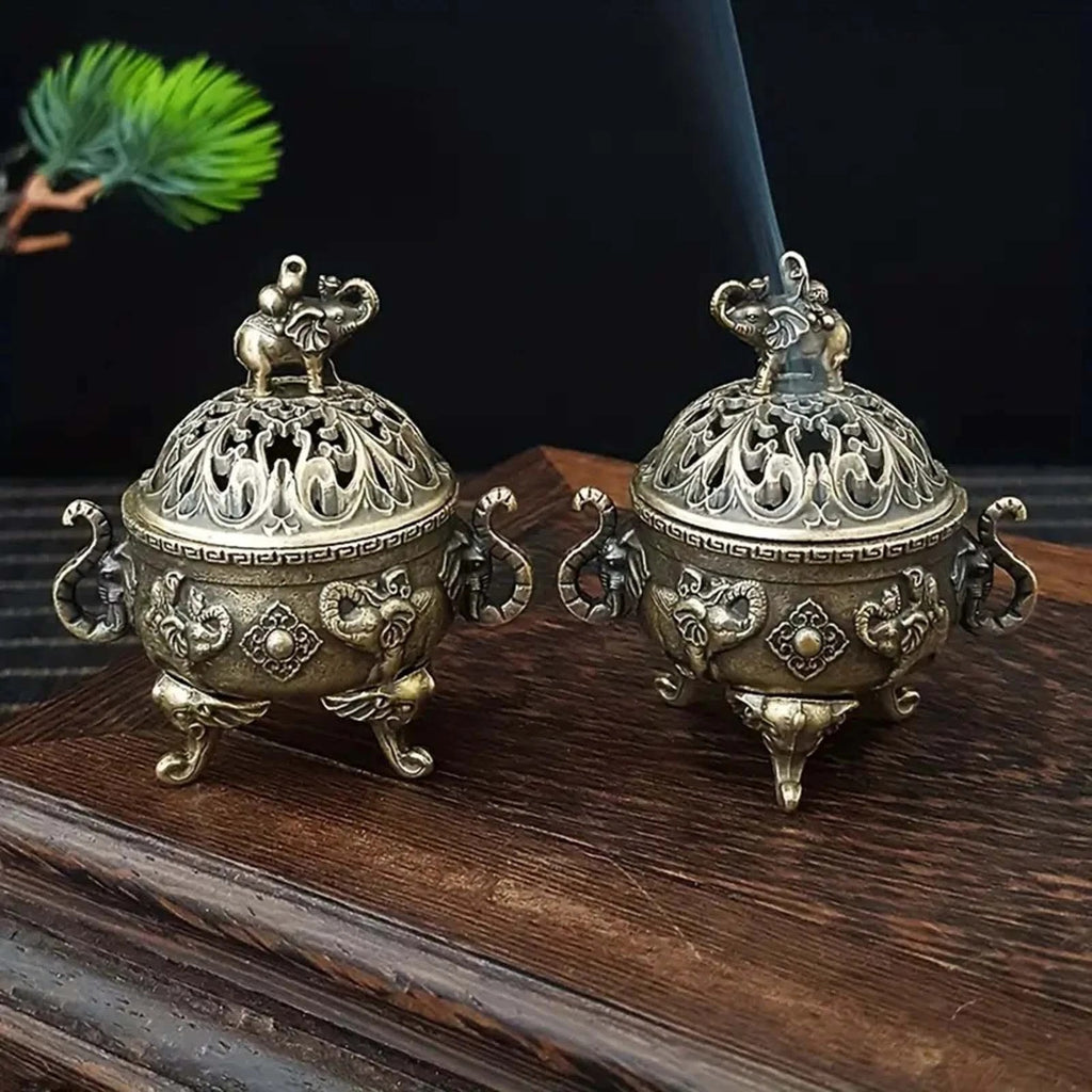 2PCS Elephant Lotus Incense Burner Metal Incense Holder Bowl Aromatherapy Decor