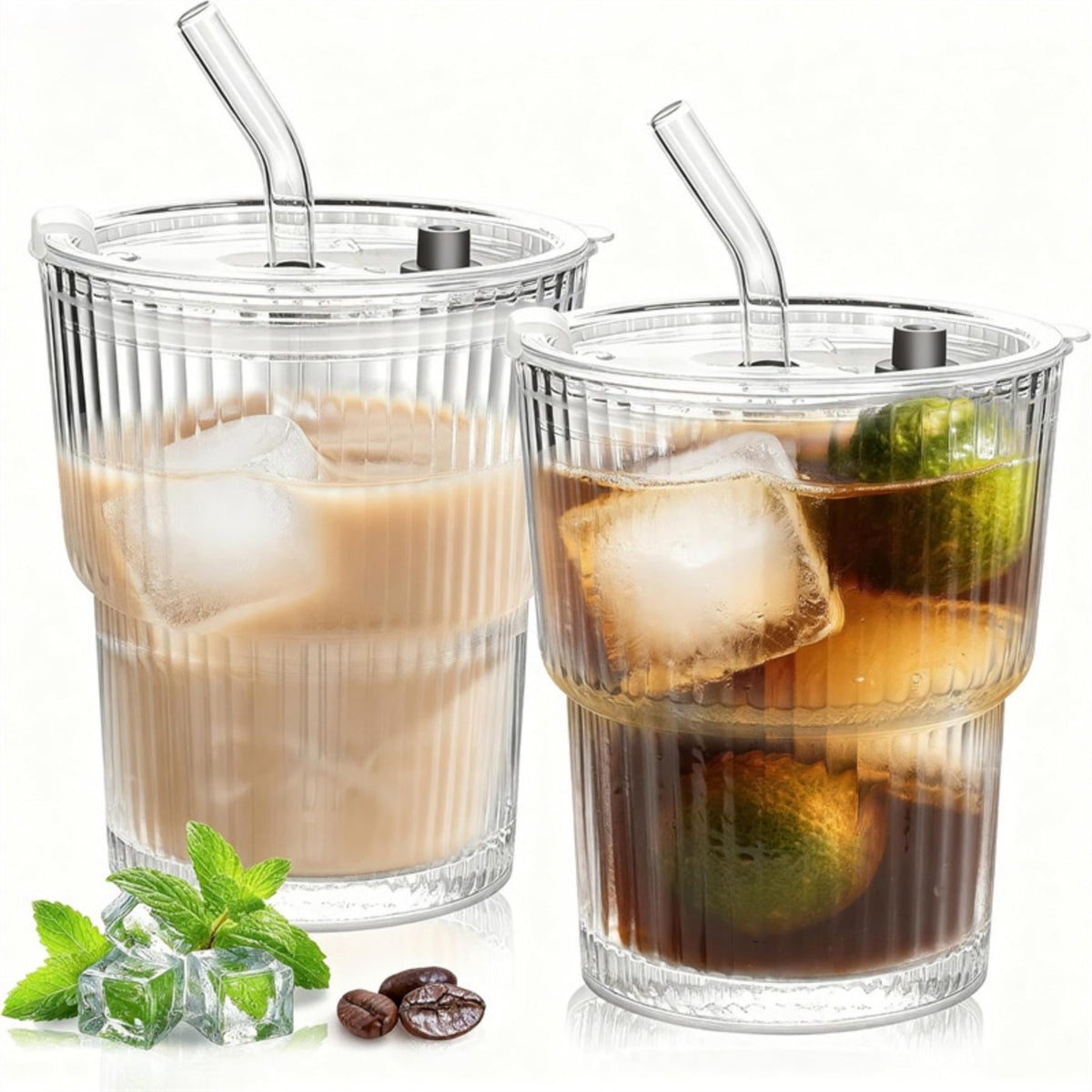 2pcs Iced Coffee Cups Glass Cups with Lids and Straws Coffee Fruit Juice 450ml