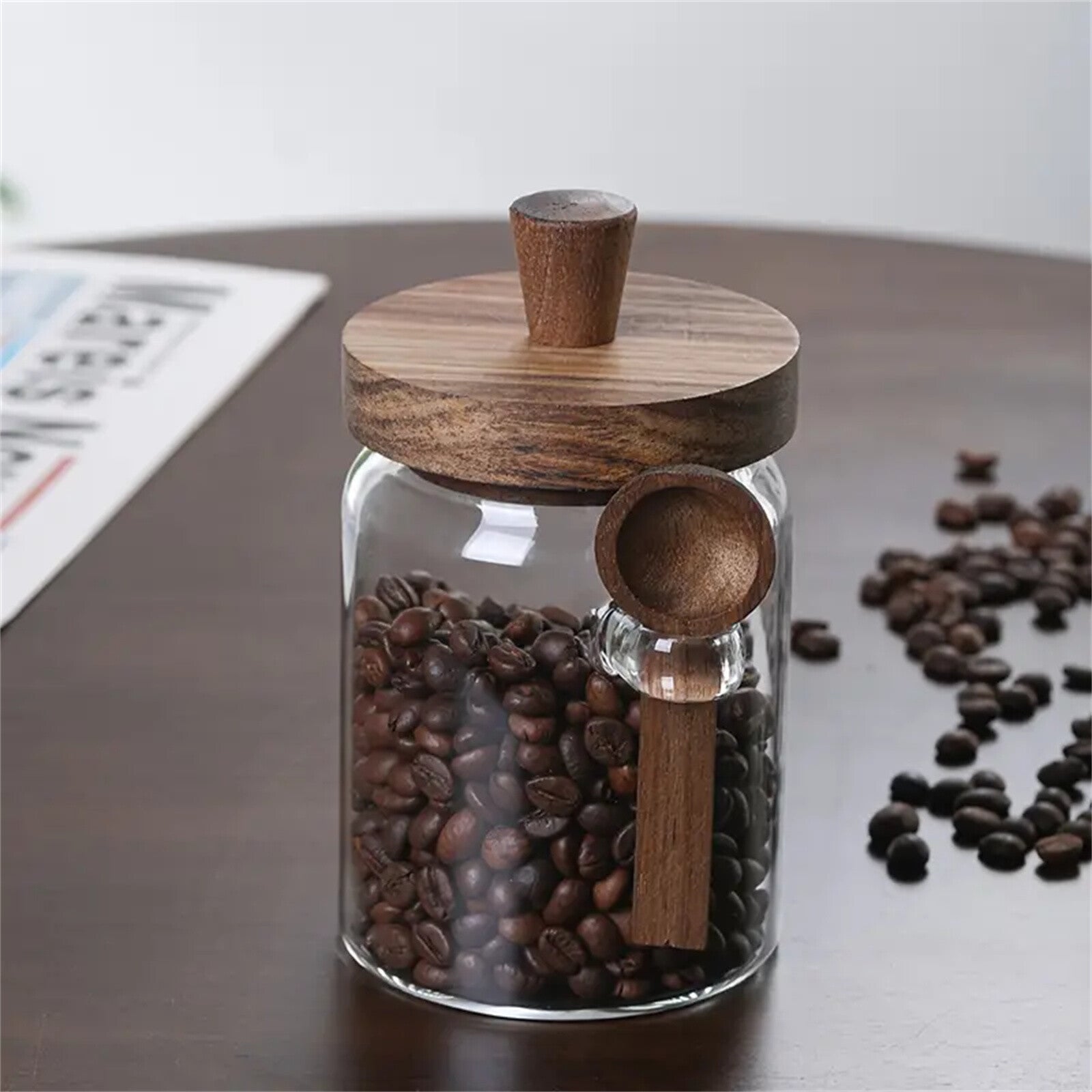 2 Pack Glass Storage Jars with Wooden Lid and Spoon – Airtight Coffee, Spice and Food Containers