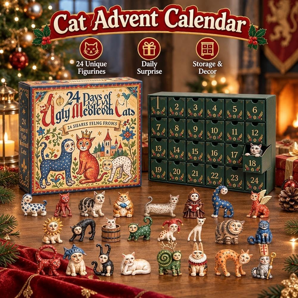 Cat advent calendar for adults with 24 cat figurines, daily surprise and storage box