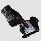 2 Pairs Mens PU Leather Touch Screen Gloves Black Full Finger Winter Gloves