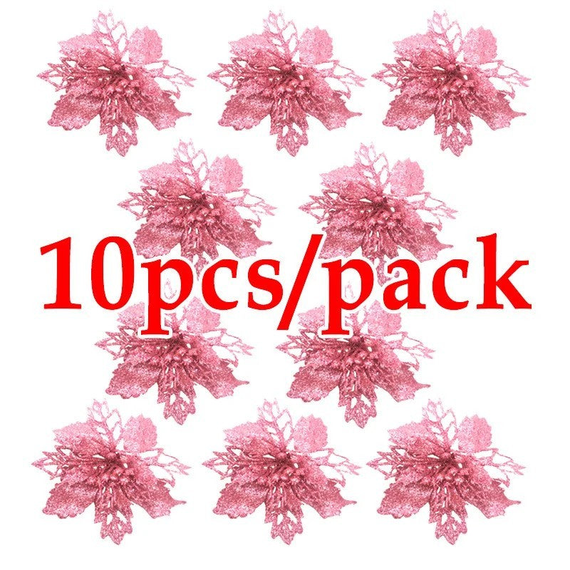 10pcs Christmas Poinsettia Glitter Flowers – Xmas Tree Hanging Decorations