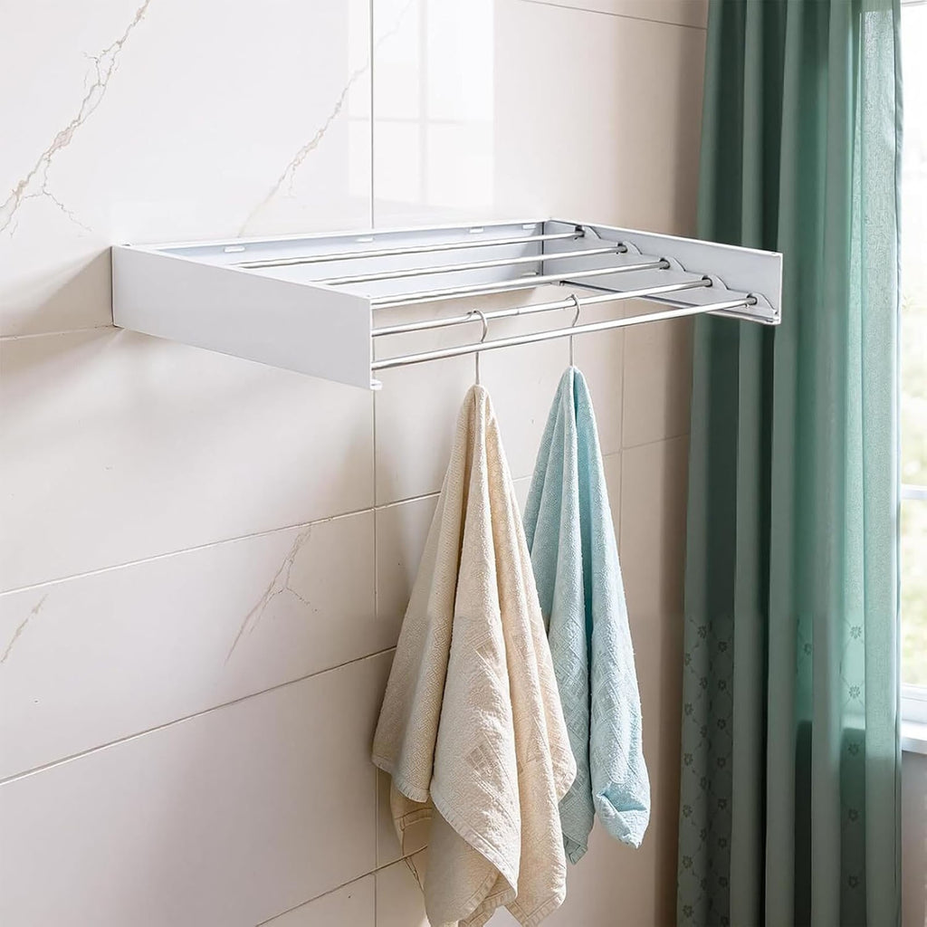 80CM Foldable Wall Mounted Clothes Drying Rack - Metal Towel and Laundry Holder White