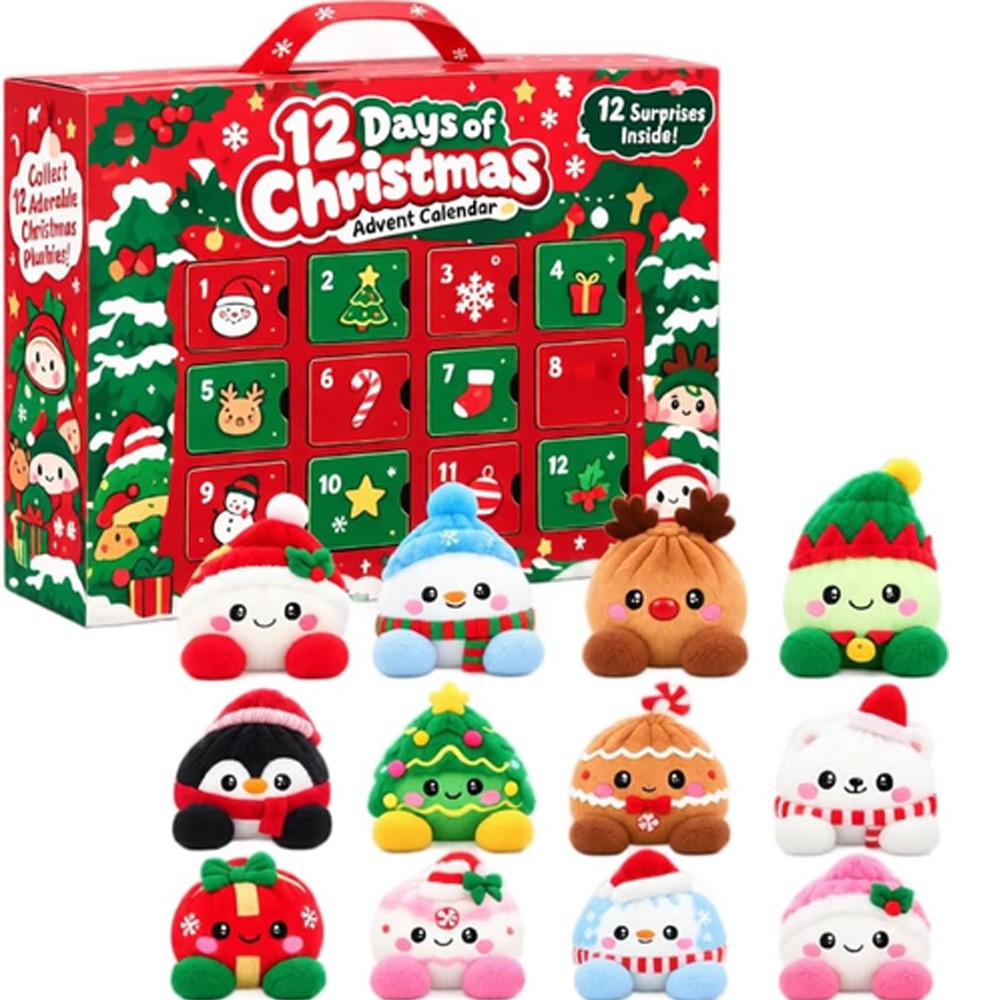 12 days of Christmas advent calendar box with 12 mini plush Christmas toys on a white background