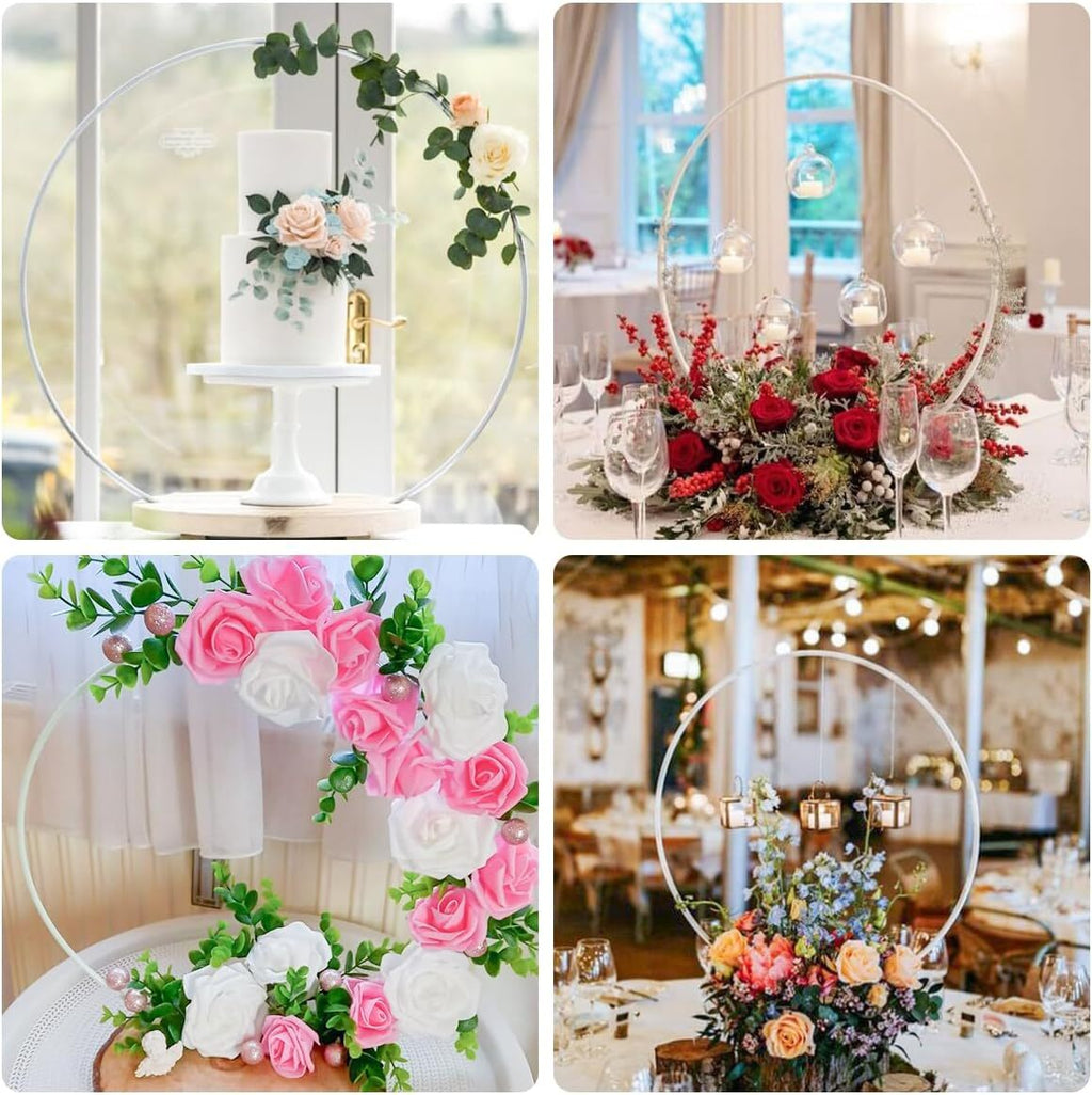 Silver Round Floral Hoop Centerpiece Set - Standing Metal Wreath Hoops for Wedding Party and Event Decor