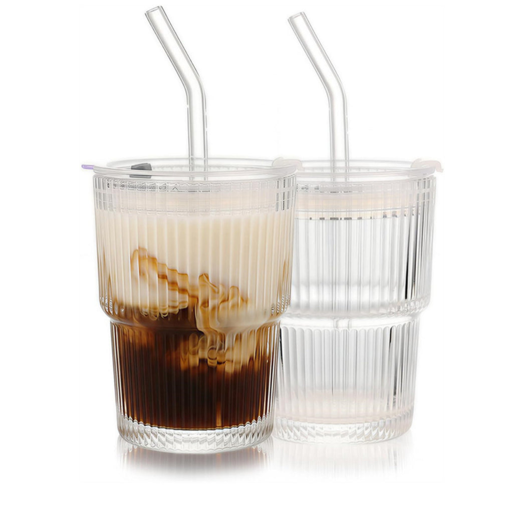 2pcs Iced Coffee Cups Glass Cups with Lids and Straws Coffee Fruit Juice 450ml
