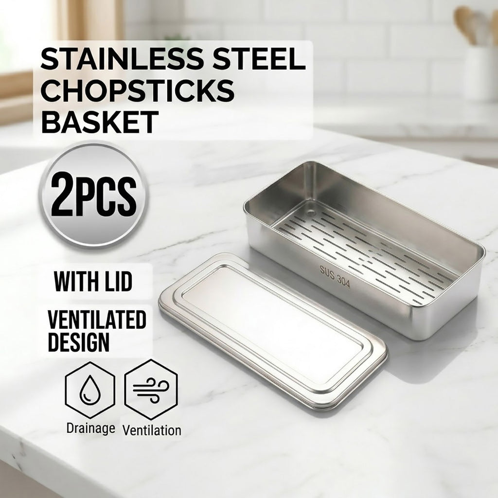 Stainless Steel Chopsticks Basket 2 Pack SUS 304 With Lid Ventilated Design New
