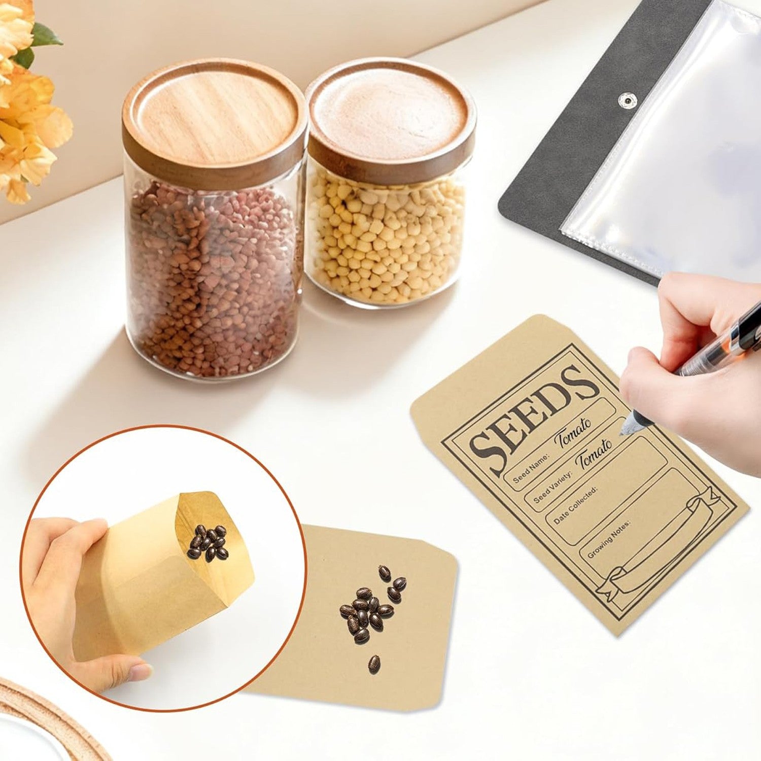 2 Sets Seed Storage Organizer with Kraft Paper Envelopes – Garden Seed Packet Binder and Storage Bags