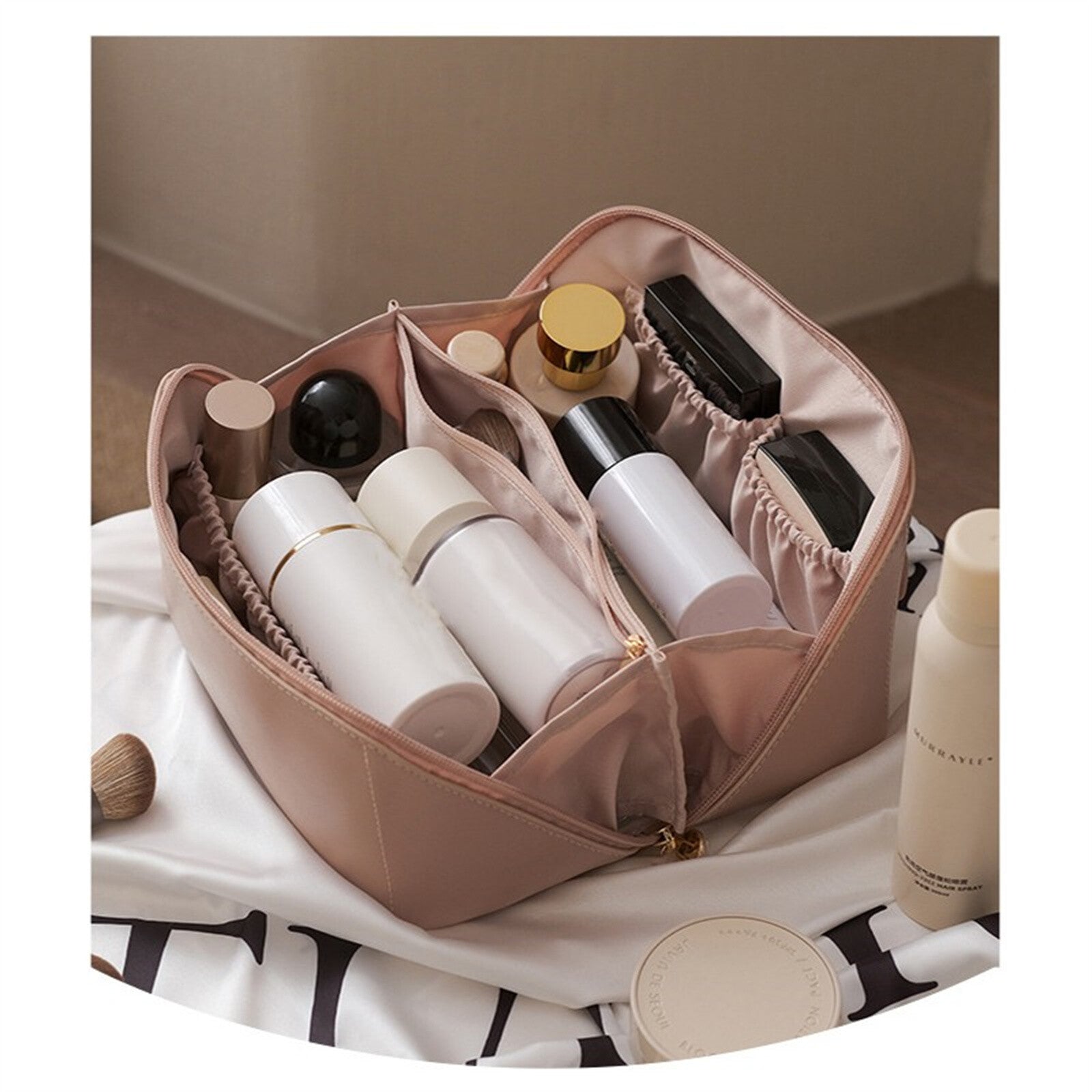 2PCS Travel Makeup Bag Set - Large Capacity Cosmetic Bag and Open Flat Toiletry Bag Pink