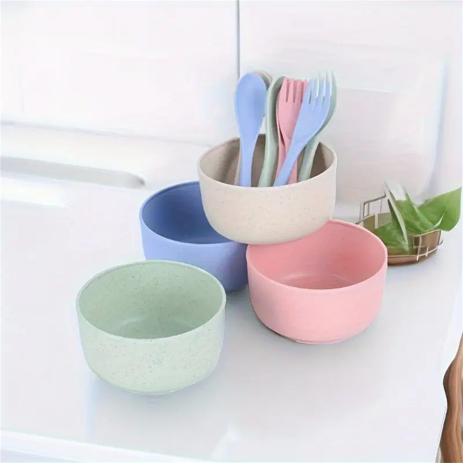 24PCS Wheat Straw Tableware Set Reusable Bowls Forks Spoons Eco Friendly Dining
