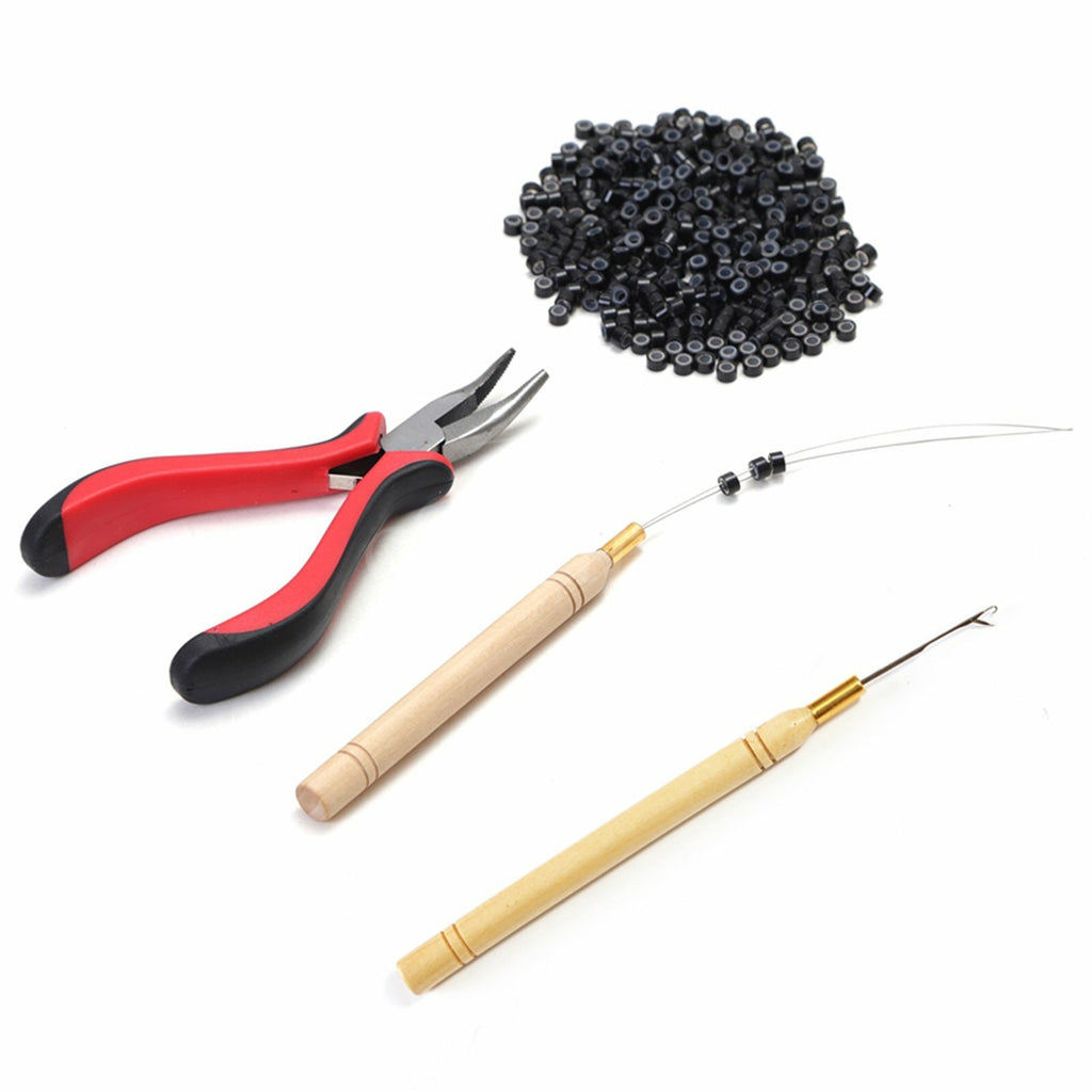 Hair Extension Tool Kit Pliers Threader Hook Silicone Beads Rings Set (500pcs)