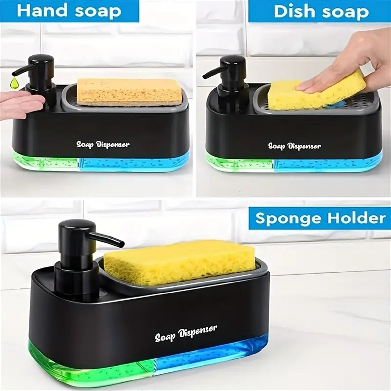 2 Pack 3 in 1 Soap Pump Dispenser with Sponge Holder – Kitchen Dishwashing Liquid Organizer