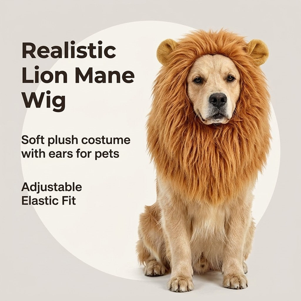 Realistic lion mane wig with ears and adjustable elastic fit for pets