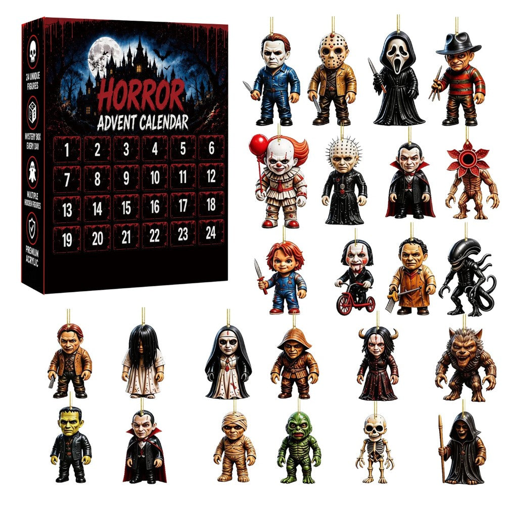 Horror ornaments advent calendar box with 24 flat acrylic horror Christmas ornaments on a white background