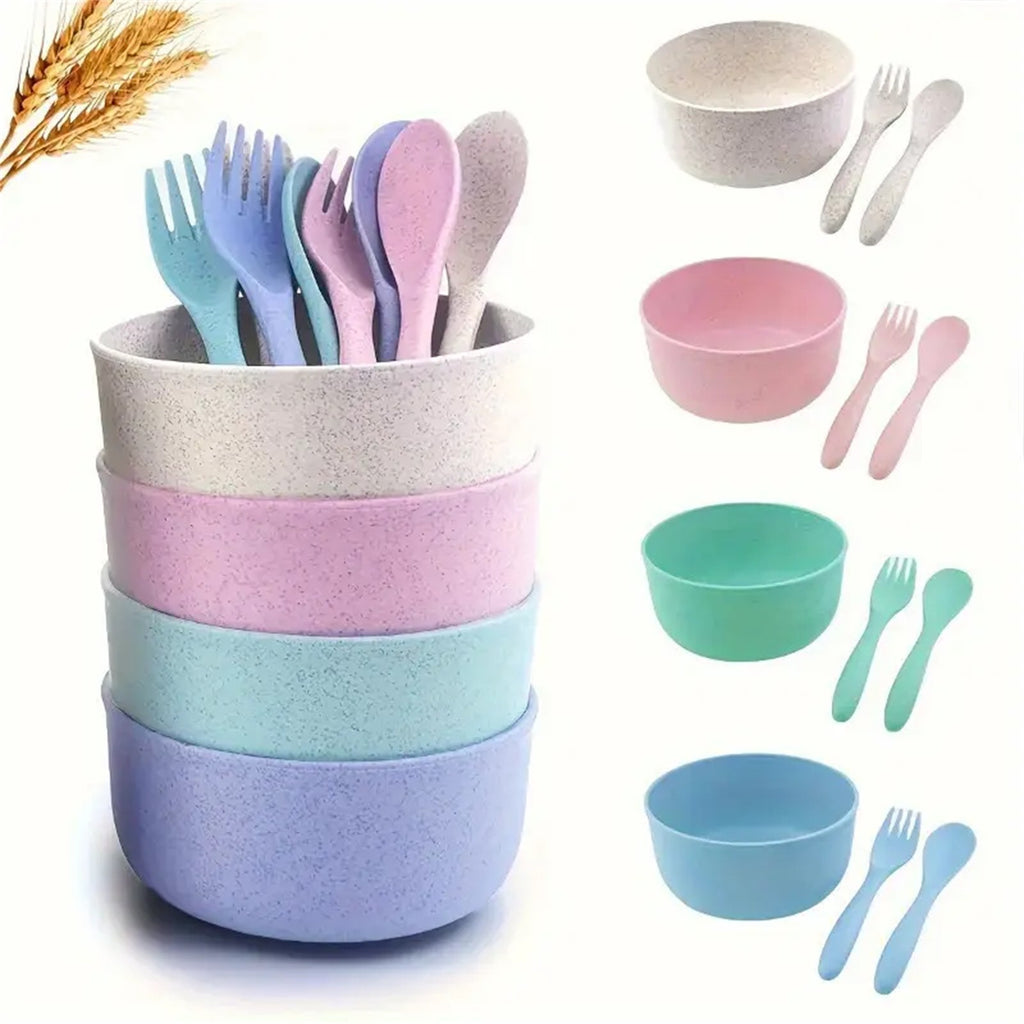 24PCS Wheat Straw Tableware Set Reusable Bowls Forks Spoons Eco Friendly Dining