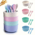24PCS Wheat Straw Tableware Set Reusable Bowls Forks Spoons Eco Friendly Dining