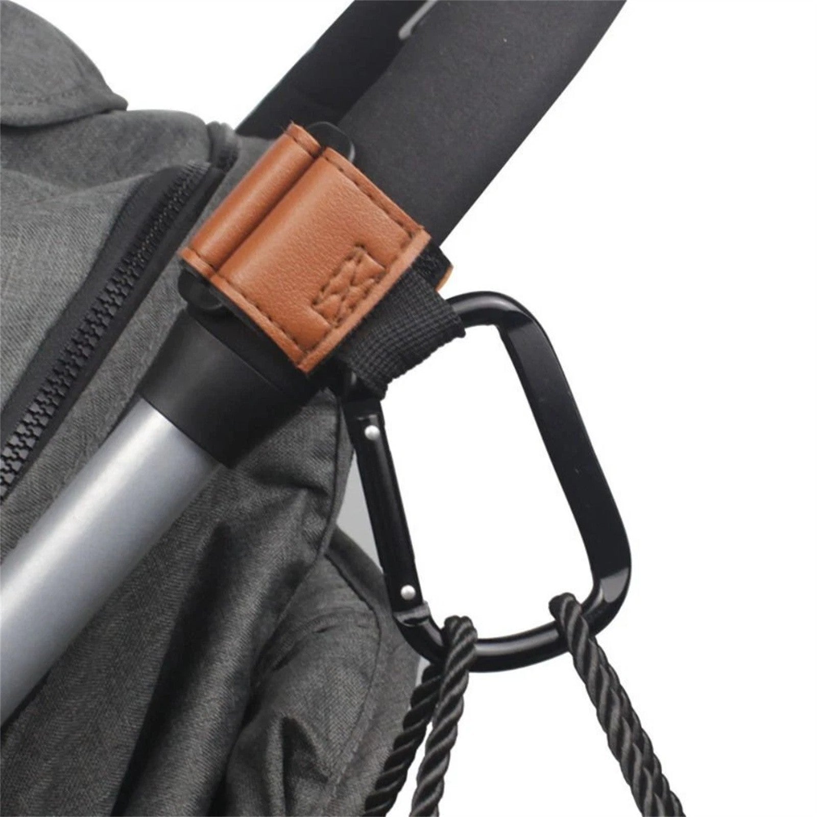 2PCS Metal Pram Hooks - PU Stroller Bag Hangers for Diaper Bags & Shopping Bags