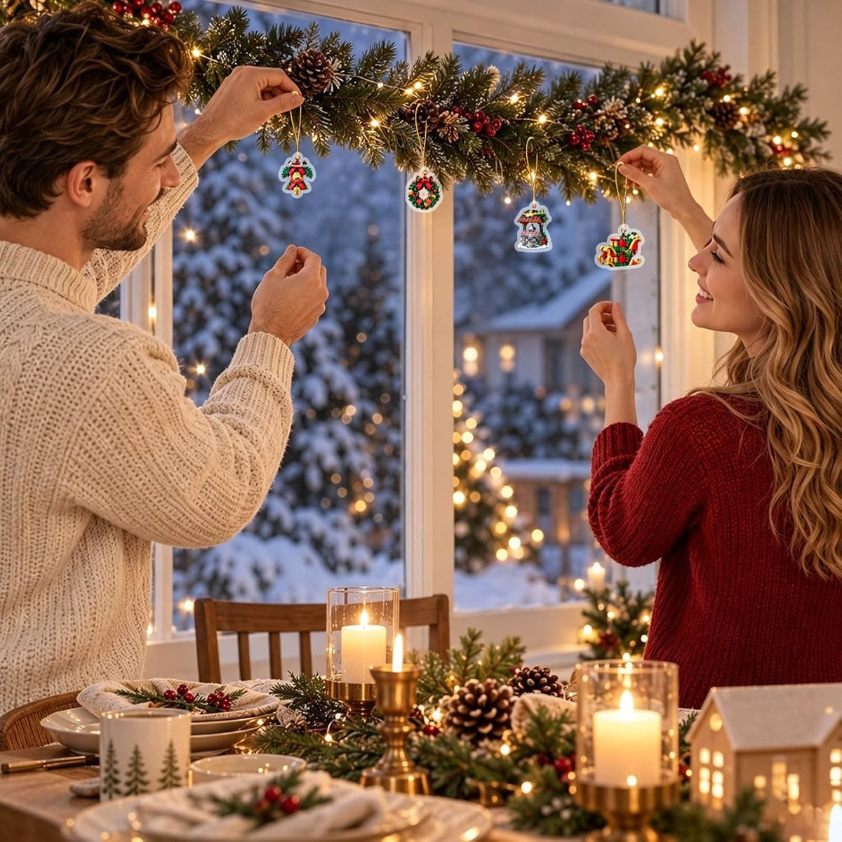 Couple hanging mini brick Christmas ornaments along a window garland