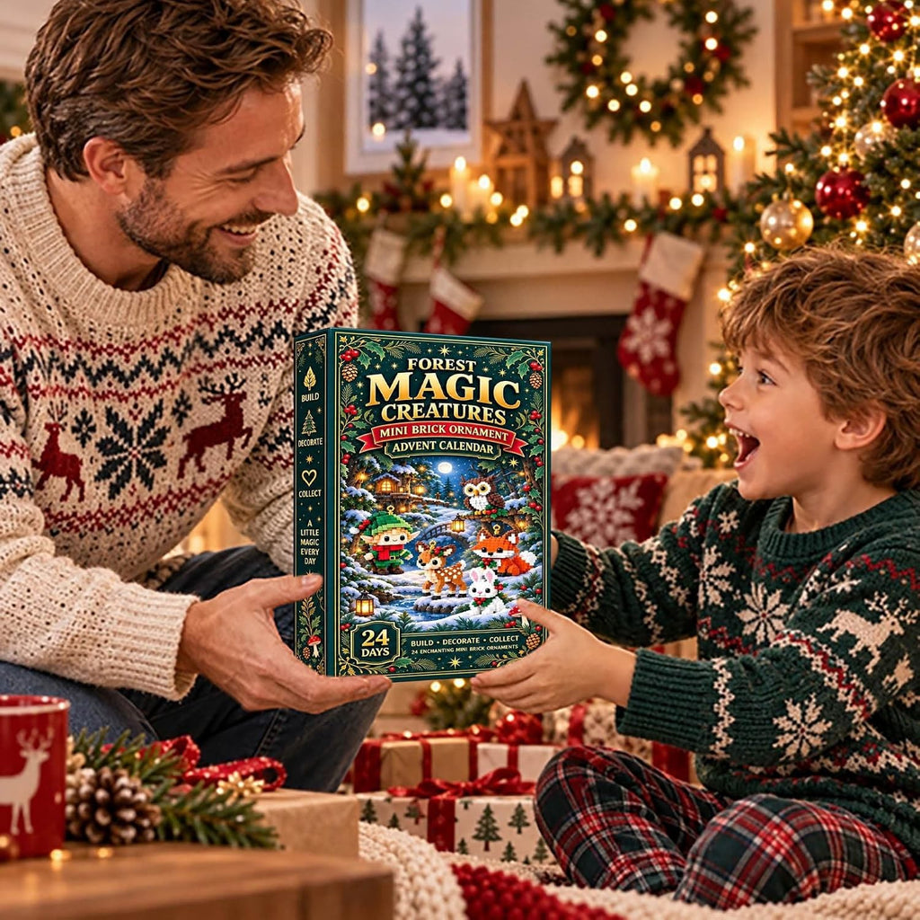 Dad giving a boy the forest animal ornament advent calendar at Christmas