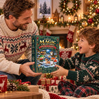 Dad giving a boy the forest animal ornament advent calendar at Christmas