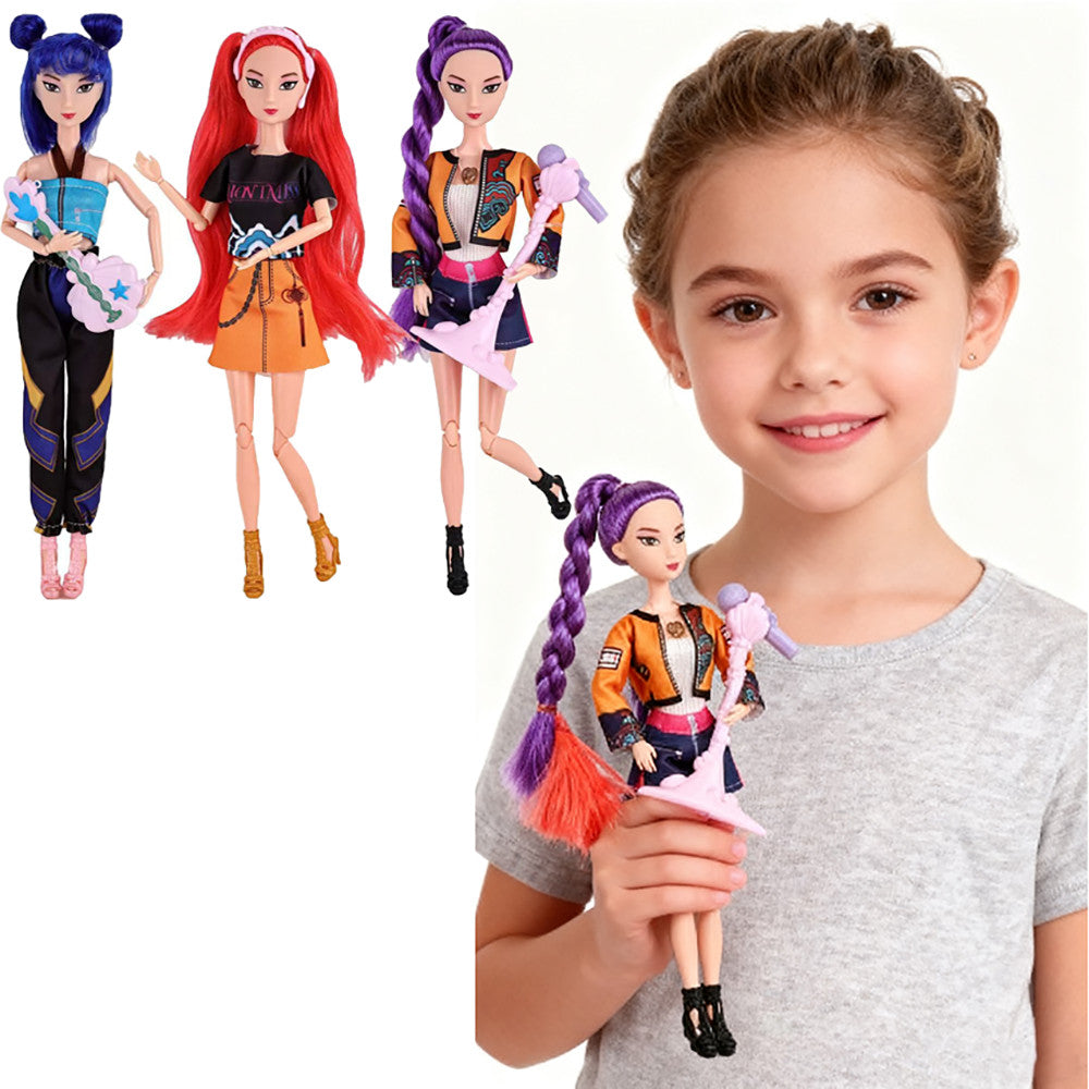 Boy holding a purple hair fashion doll beside the three singing dolls