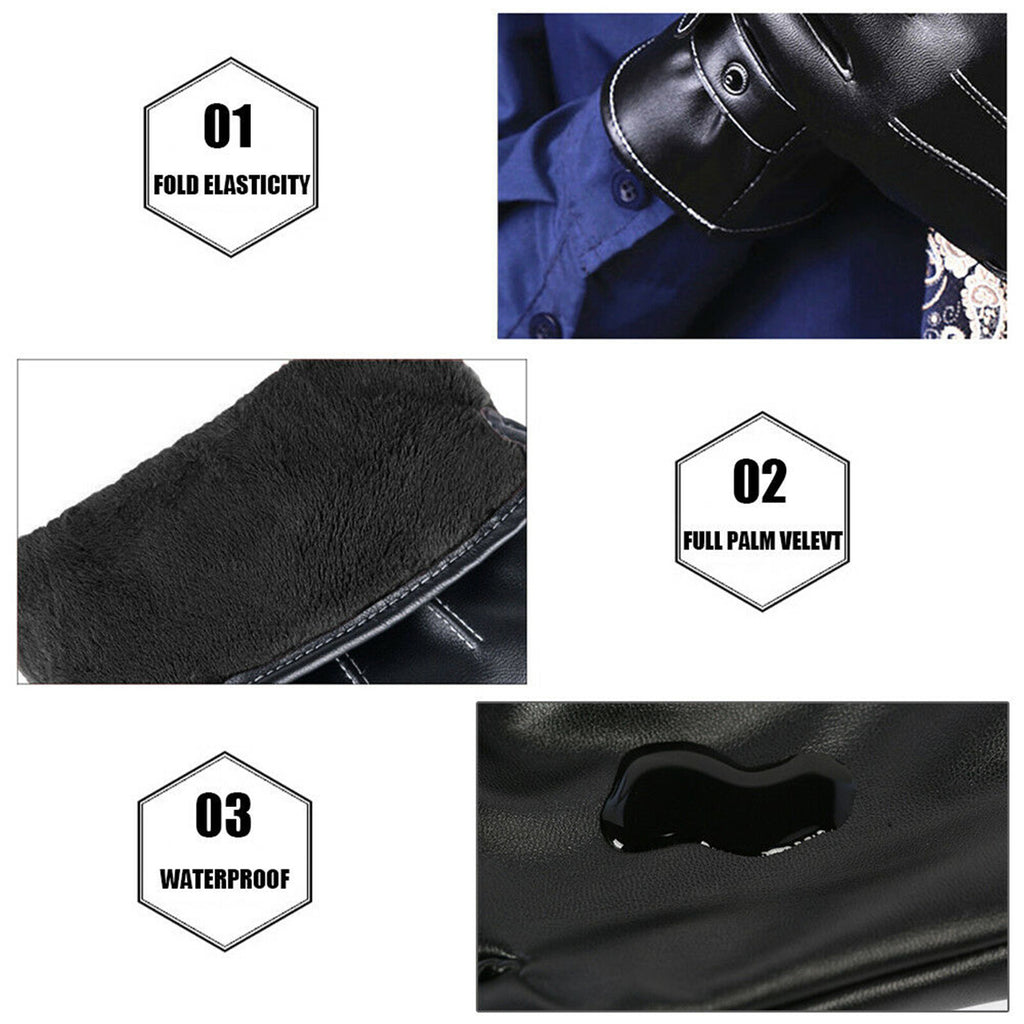 2 Pairs Mens PU Leather Touch Screen Gloves Black Full Finger Winter Gloves
