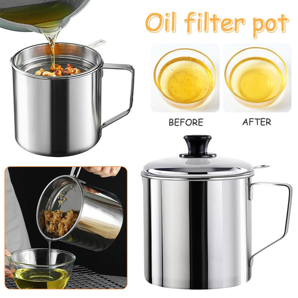 2PCS 1.8L Stainless Steel Oil Filter Pot Grease Strainer Oil Storage Container