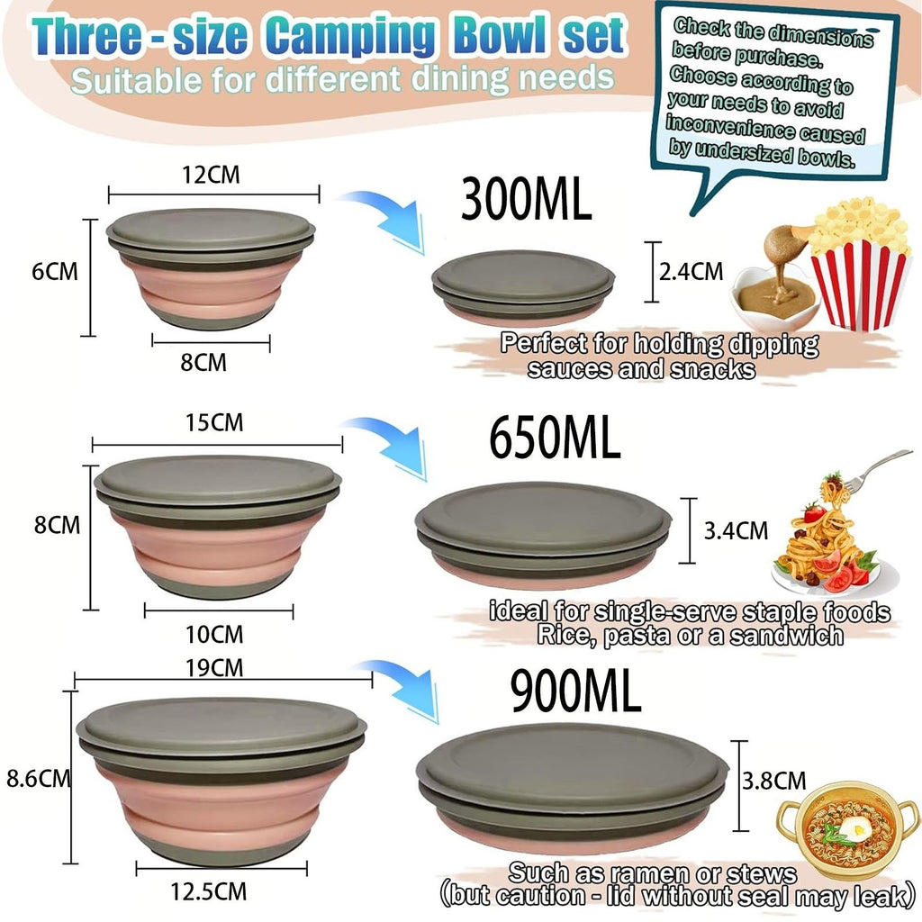 3PCS Collapsible Camping Bowl with Lid Foldable PP TPR Travel Soup Ramen Bowl