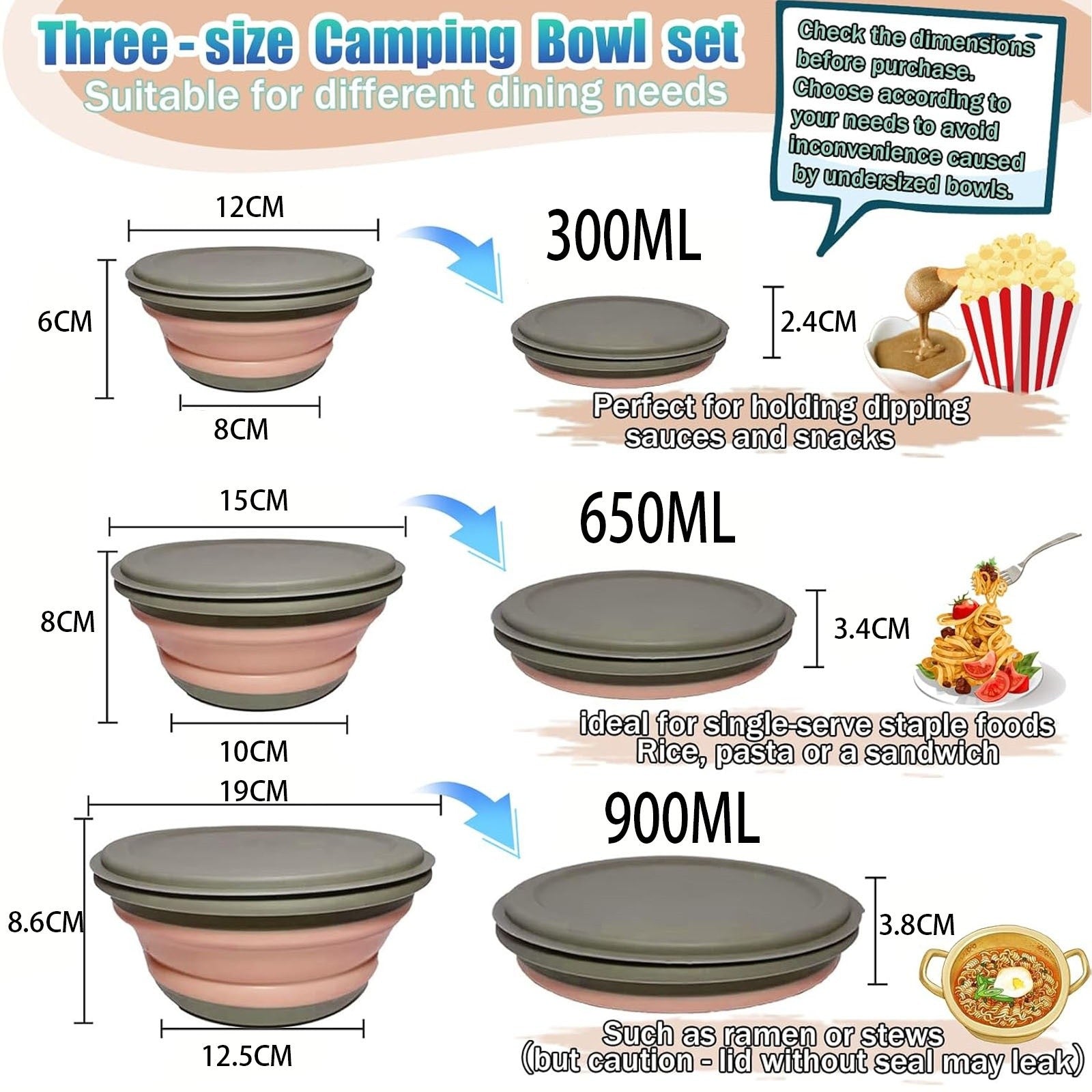 3PCS Collapsible Camping Bowl with Lid Foldable PP TPR Travel Soup Ramen Bowl