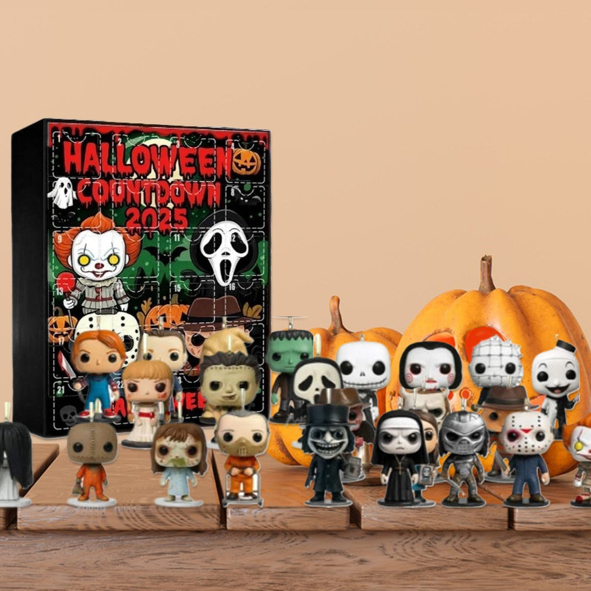 Halloween countdown advent calendar with horror figures and pumpkins