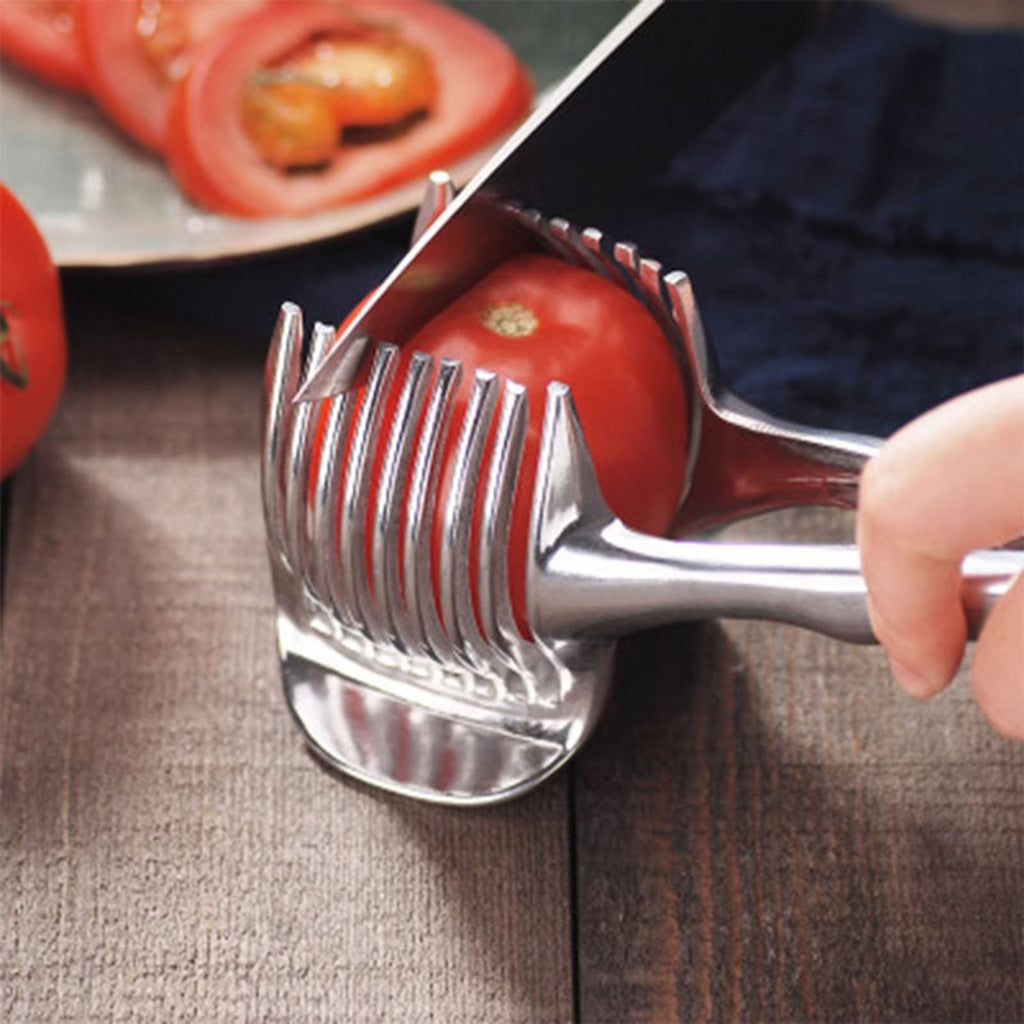 Handheld Tomato Slicer & Lemon Cutter – Stainless Steel Fruit Vegetable Slicing Holder