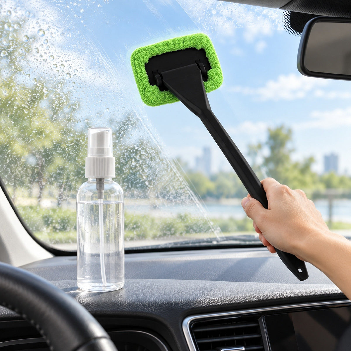 Car Windscreen Window Cleaning Brush Microfibre Pad With Empty Spray Bottle Kit