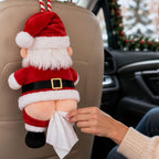 Plush Santa tissue box cover hanging on the back of a car seat