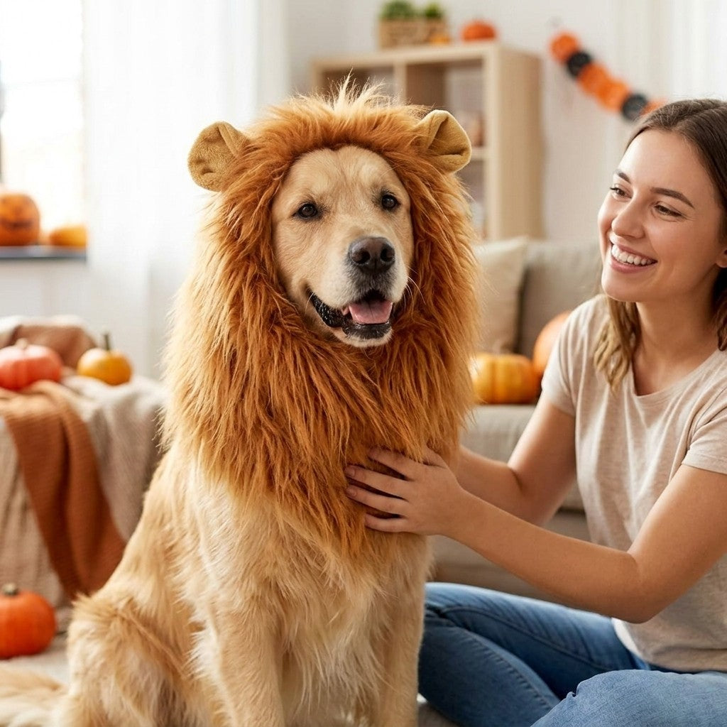 Woman smiling at her dog dressed in a lion costume for dogs