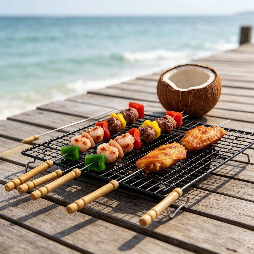 120pcs Stainless Steel BBQ Skewers 31cm | Flat Metal Kebab Sticks with Wooden Handle
