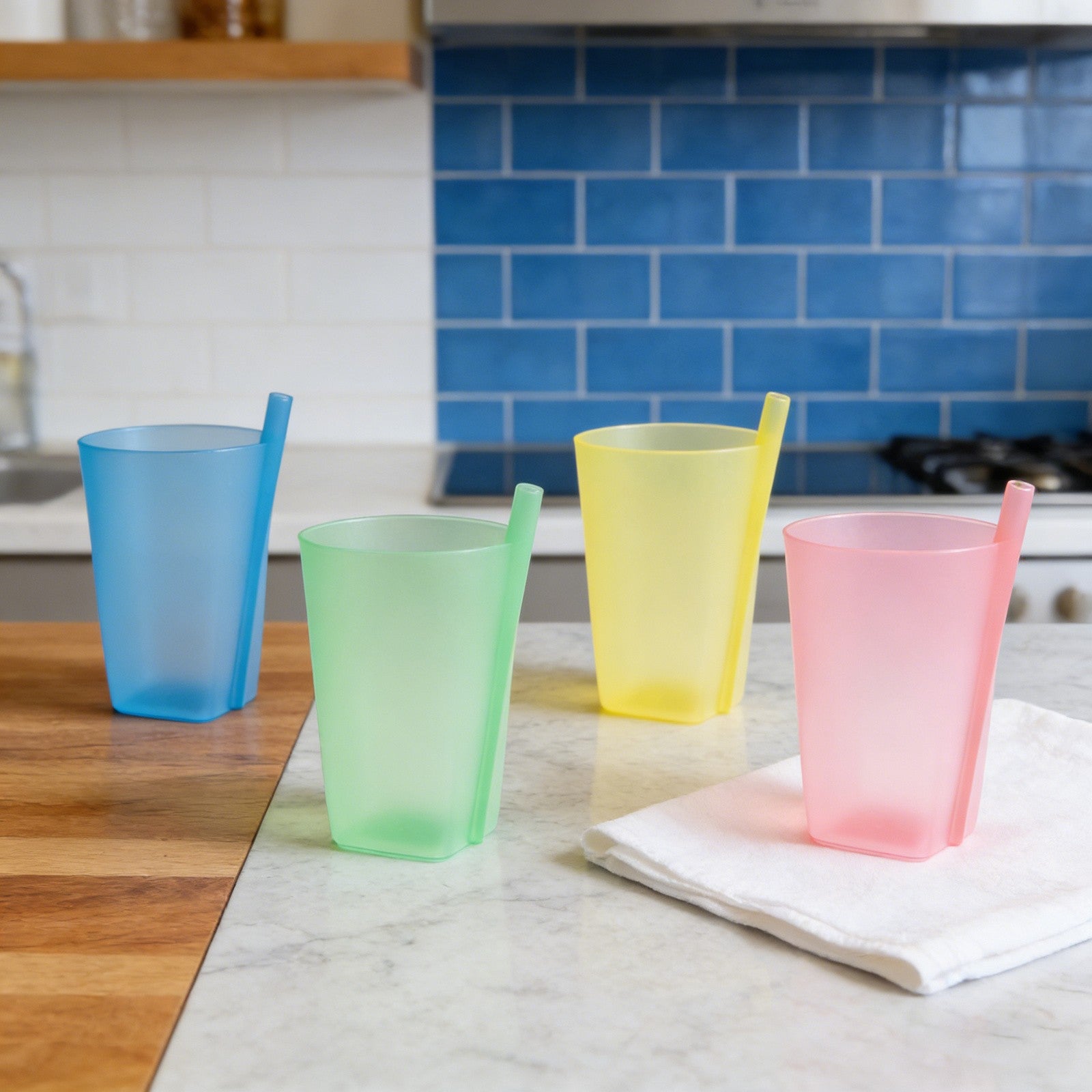 4PCS Integrated Straw Cups - Reusable Easy to Clean Drinking Cups for Home Use