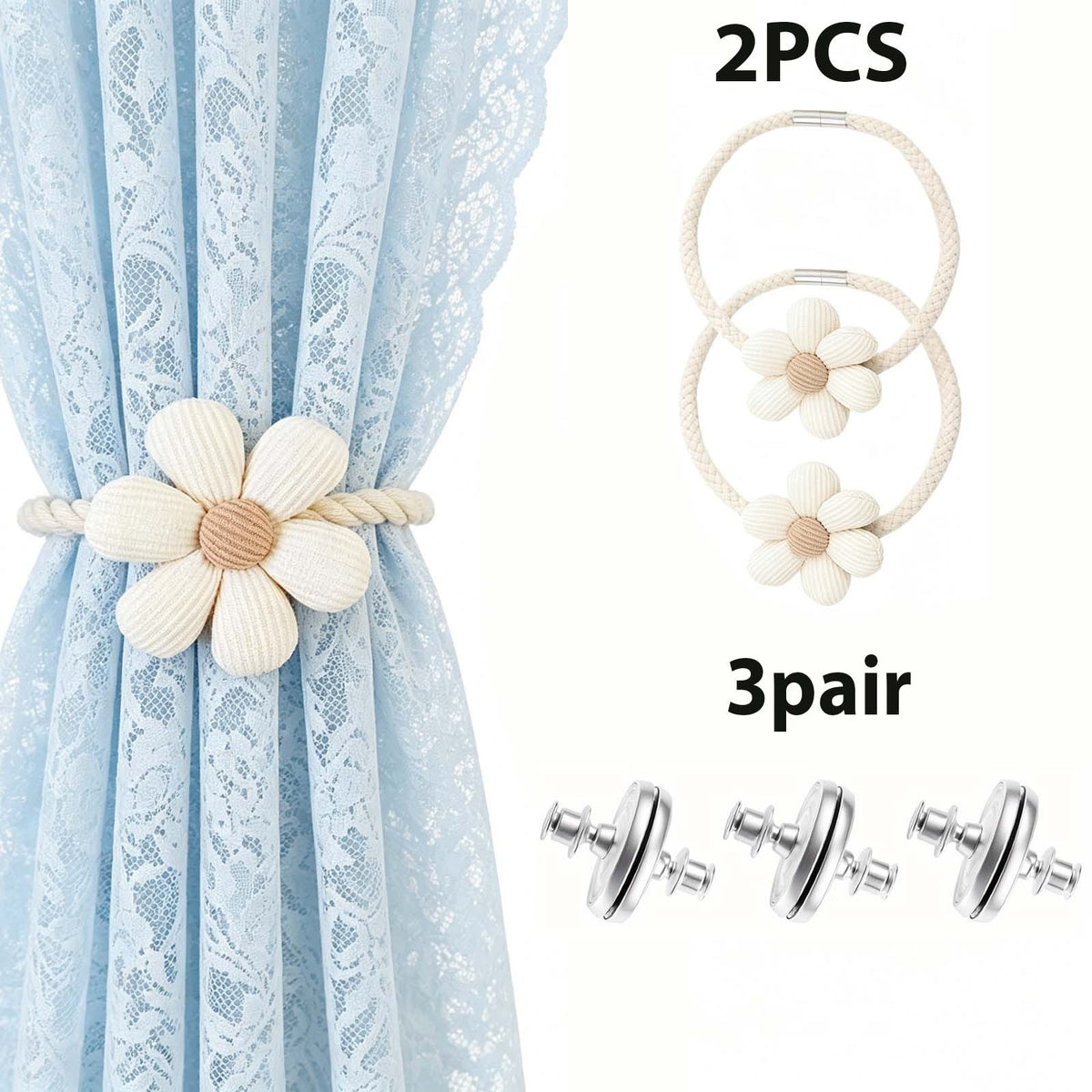Beige flower design on curtain tieback