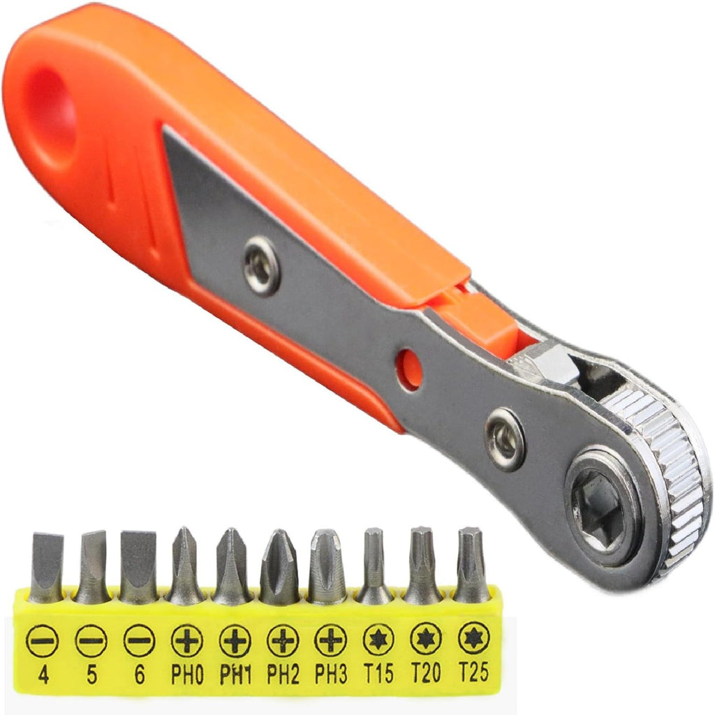1 or 2 Set Ratcheting Right Angle Screwdriver - 90 Degree Offset Hex Drive with Bits