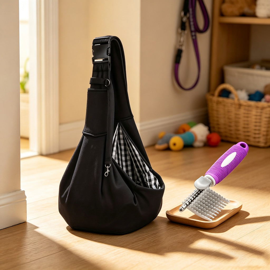 Grooming rake included with pet sling