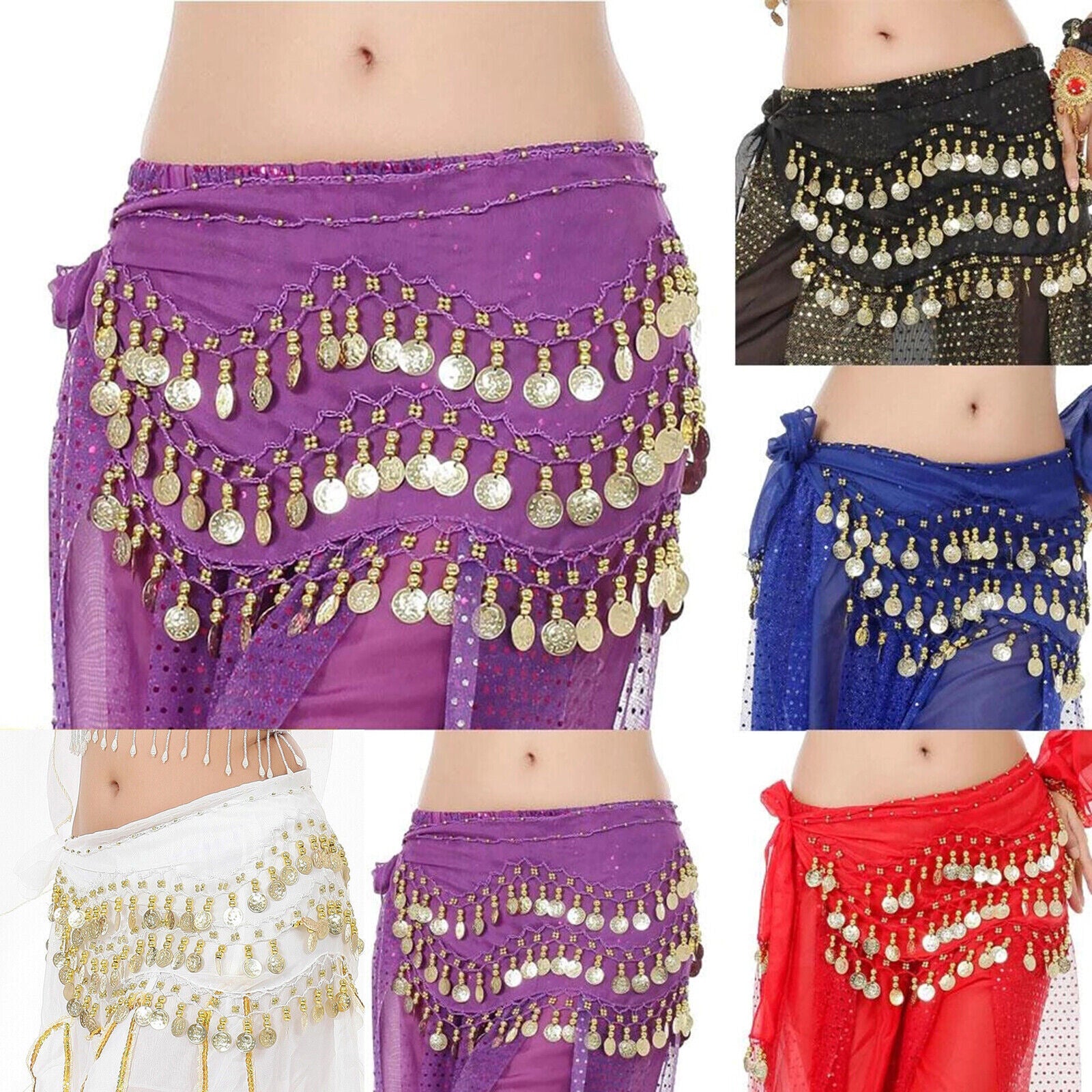 2 Pack Belly Dance Hip Scarf Skirt – Chiffon Wrap with Coins for Dance Costume and Performance