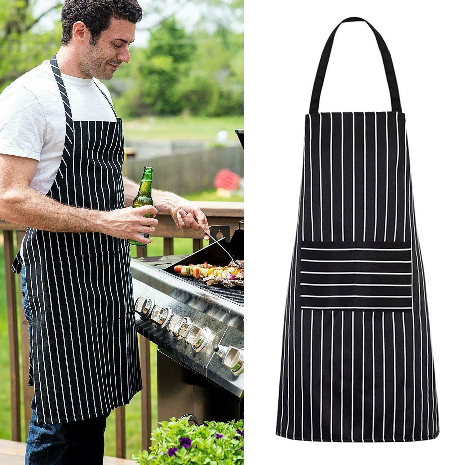 3PCS Striped Kitchen Apron with 2 Pockets – Unisex Chef Cooking BBQ Apron Washable