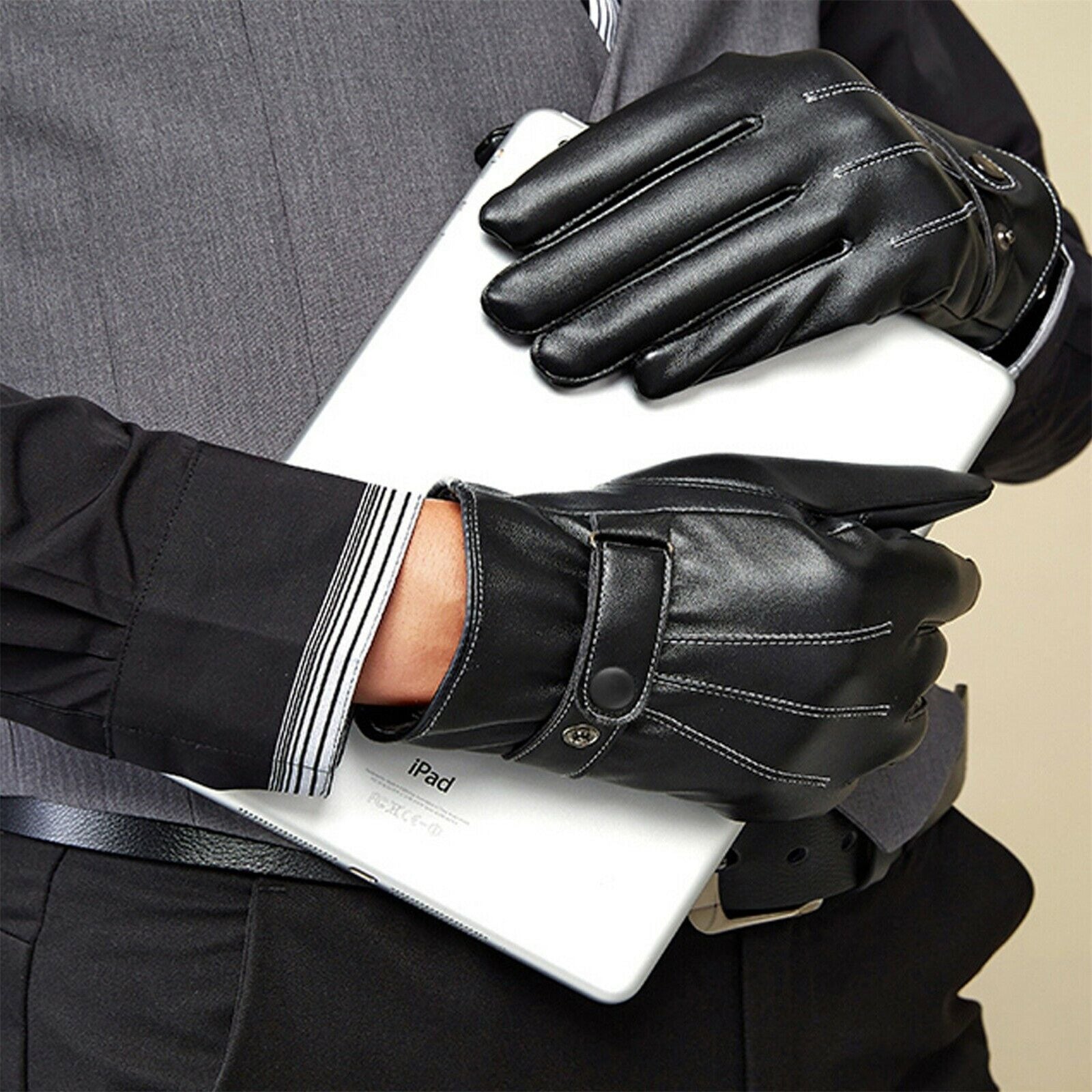 2 Pairs Mens PU Leather Touch Screen Gloves Black Full Finger Winter Gloves