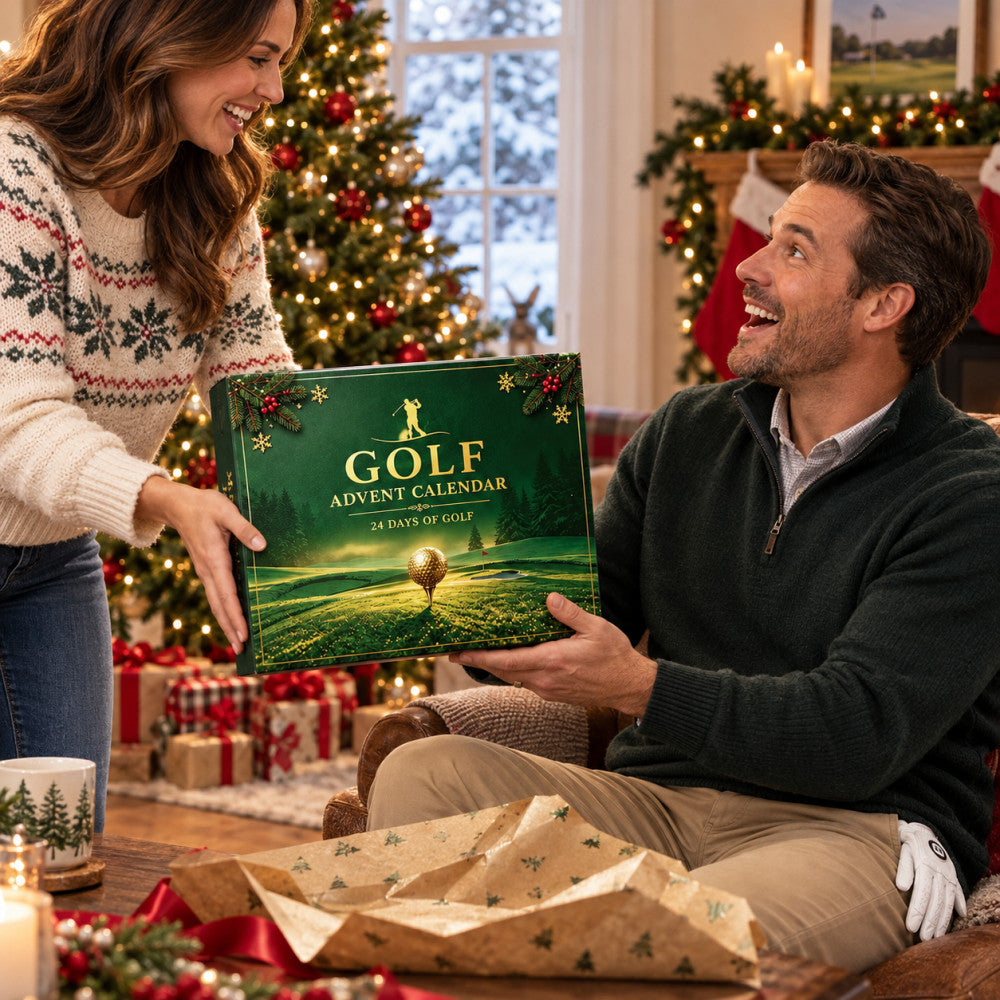 Man unwrapping a golf advent calendar Christmas gift for golfers