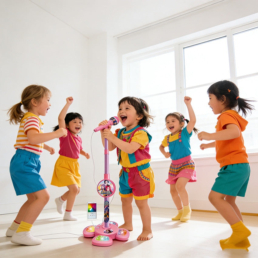 Kids singing at a light-up karaoke microphone stand