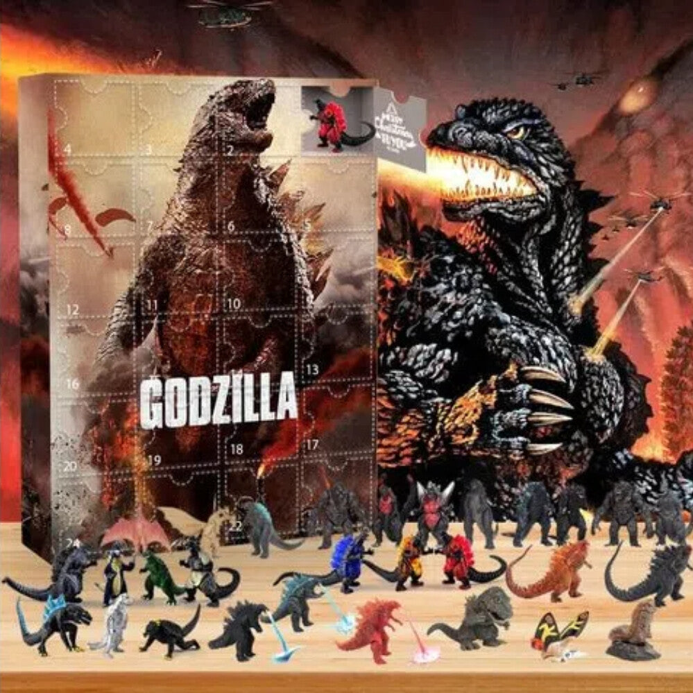 Monster advent calendar with kaiju figures lined up in front