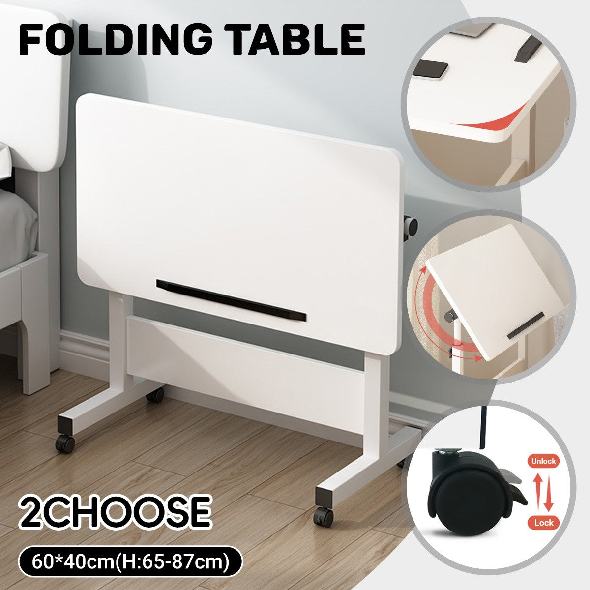 Adjustable Foldable Table with Wheels Mobile Laptop Desk Bedside Rolling Table Space Saving