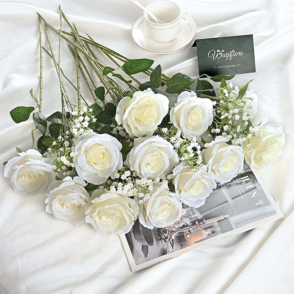 20pcs Artificial Rose Flowers Silk Long Stem Fake Roses Wedding Home Decor