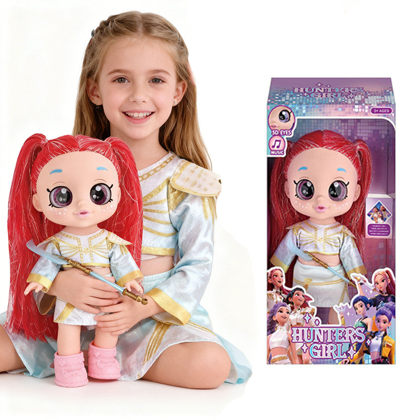 Girl hugging a red hair big eye doll next to its gift box