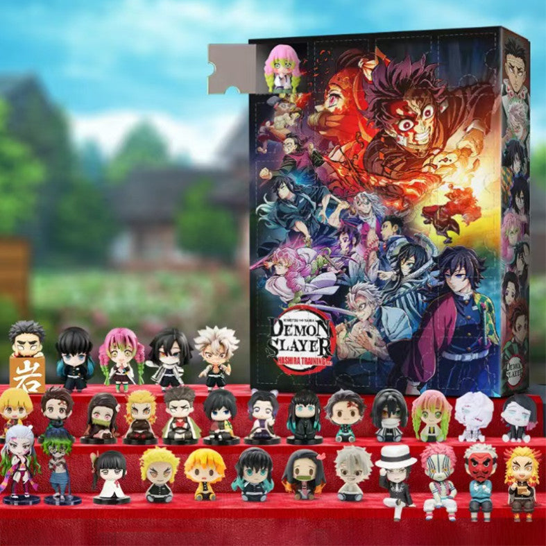 Red box anime advent calendar with chibi figures in a garden